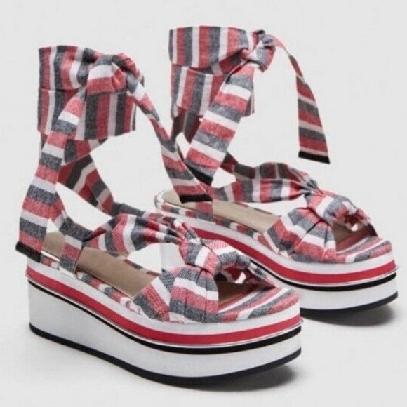Zara Red Striped Fabric Laced Platform Sandals